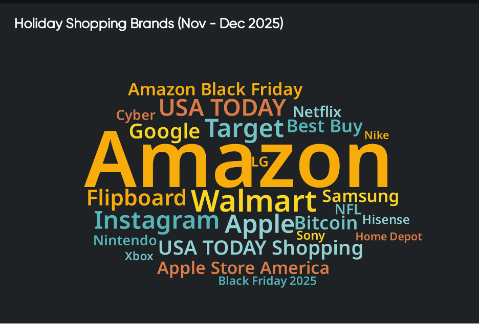 Brand word cloud highlighting frequently mentioned retailers like Amazon, Walmart, and Apple—key players in 2025 consumer insights for brand positioning.